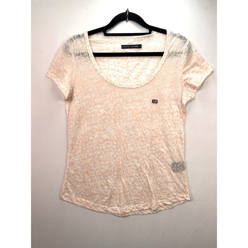Ralph Lauren Sheer Peach Leopard Print Flag Logo Burnout Top Shirt Size‎ Jrs L